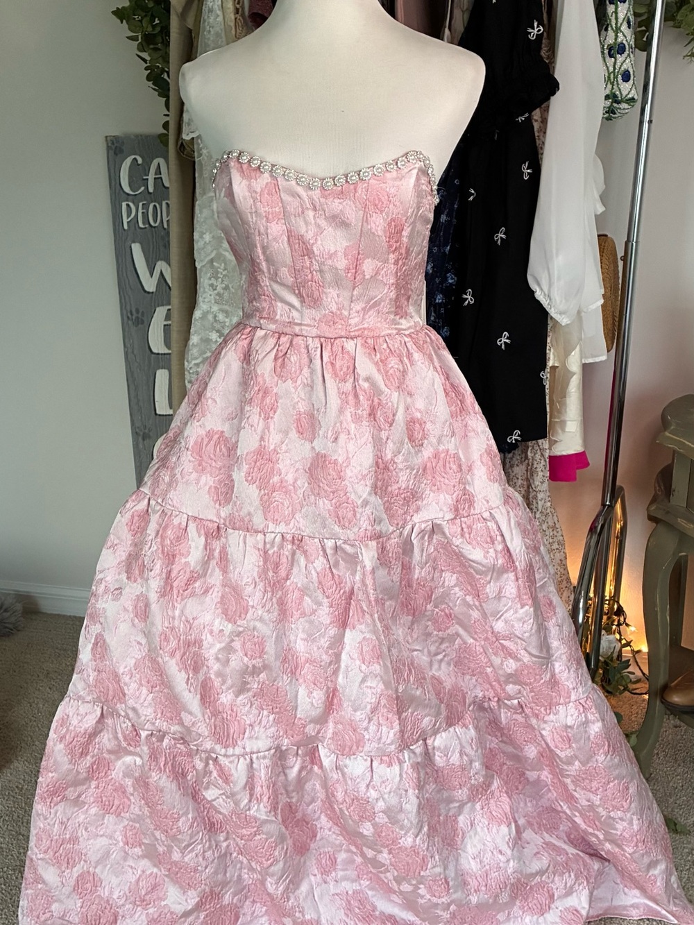 Pink Floral Jacquard Corset Maxi Gown Pearl Rhinestone Trim Lace-Up Back NWT